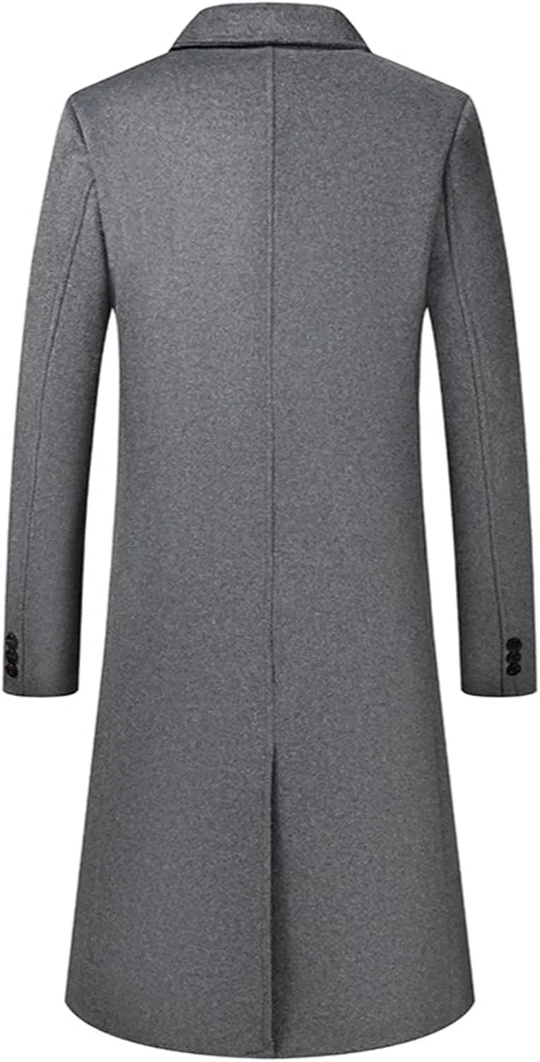 Sexyshine Mens Full Length Wool Trench Coat Notched Lapel Double Breasted Long Overcoat Windbreaker Pea Coat Jacket