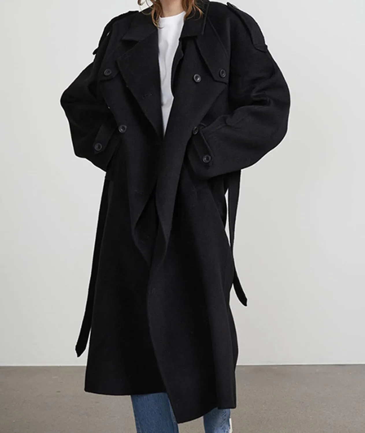 Sexyshine Women's Winter Double Breasted Long Coat Notch Lapel Long Sleeve Wool Blend Trench Coat with Belt