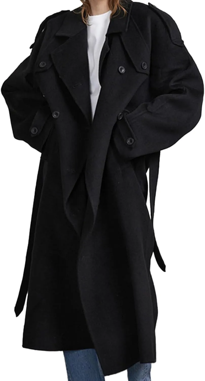 Sexyshine Women's Winter Double Breasted Long Coat Notch Lapel Long Sleeve Wool Blend Trench Coat with Belt
