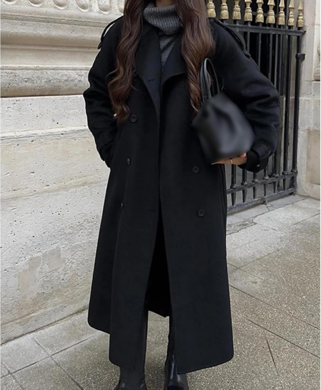 Sexyshine Women's Winter Double Breasted Long Coat Notch Lapel Long Sleeve Wool Blend Trench Coat with Belt