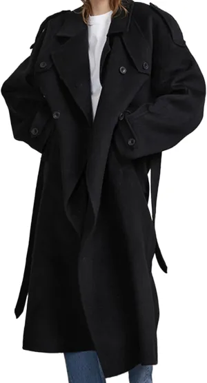 Sexyshine Women's Winter Double Breasted Long Coat Notch Lapel Long Sleeve Wool Blend Trench Coat with Belt