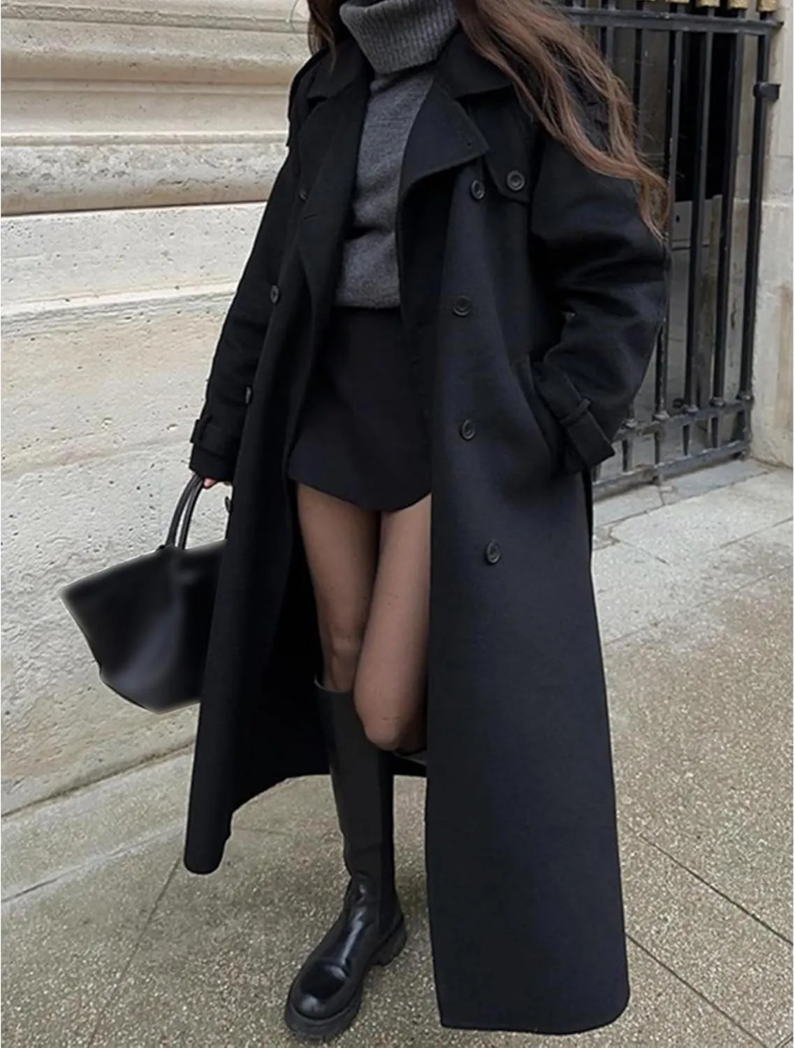 Sexyshine Women's Winter Double Breasted Long Coat Notch Lapel Long Sleeve Wool Blend Trench Coat with Belt