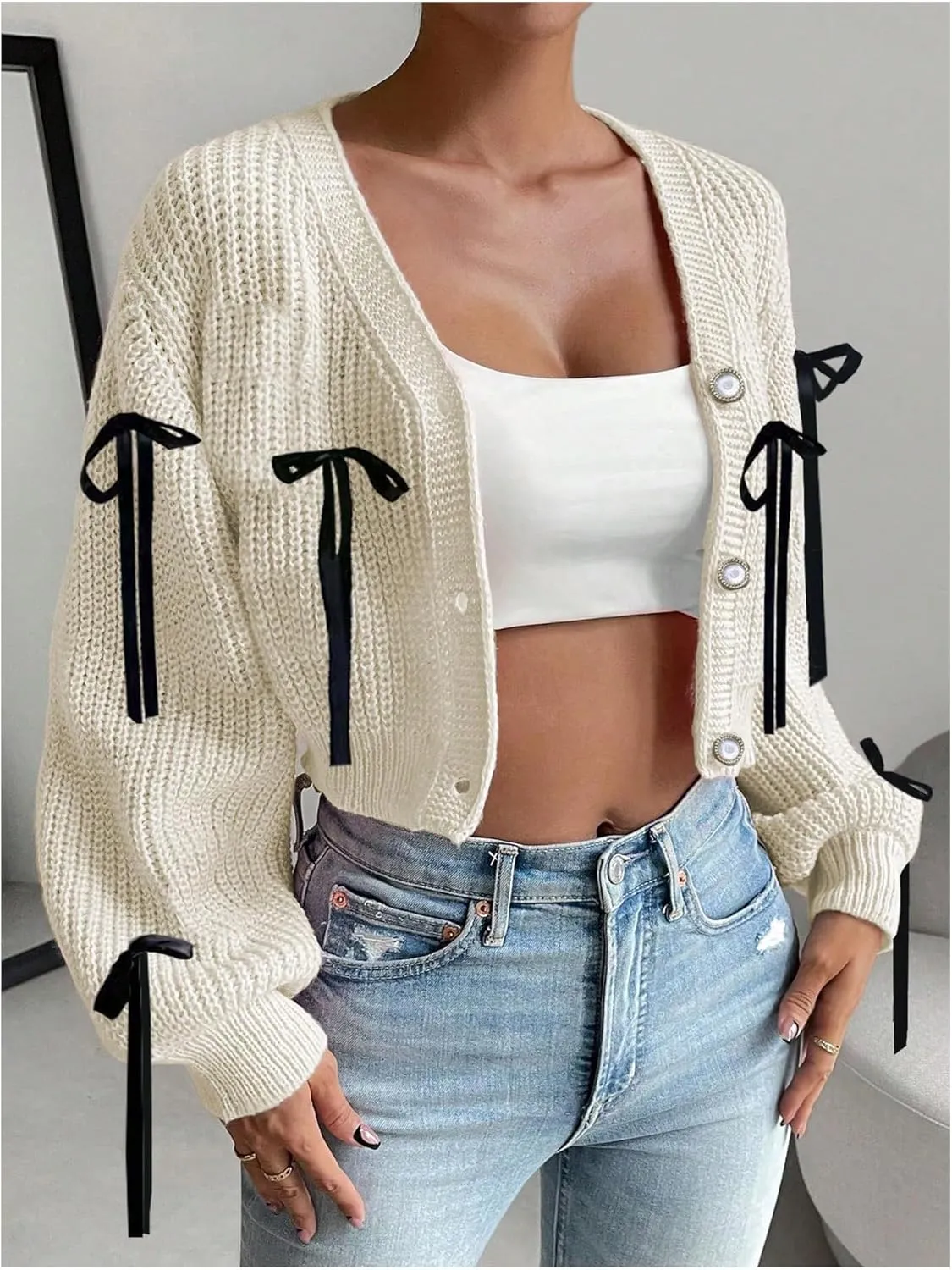 SHENHE Women's Button Down V Neck Cropped Cardigan Lace Up Bow Soft Knit Sweater Cute Outwear