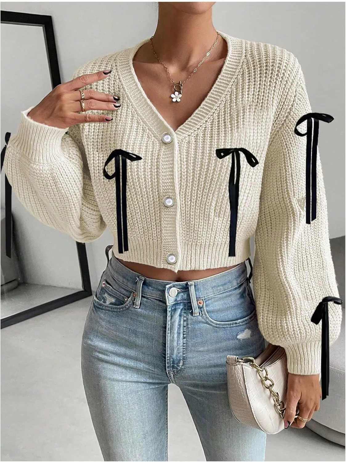 SHENHE Women's Button Down V Neck Cropped Cardigan Lace Up Bow Soft Knit Sweater Cute Outwear