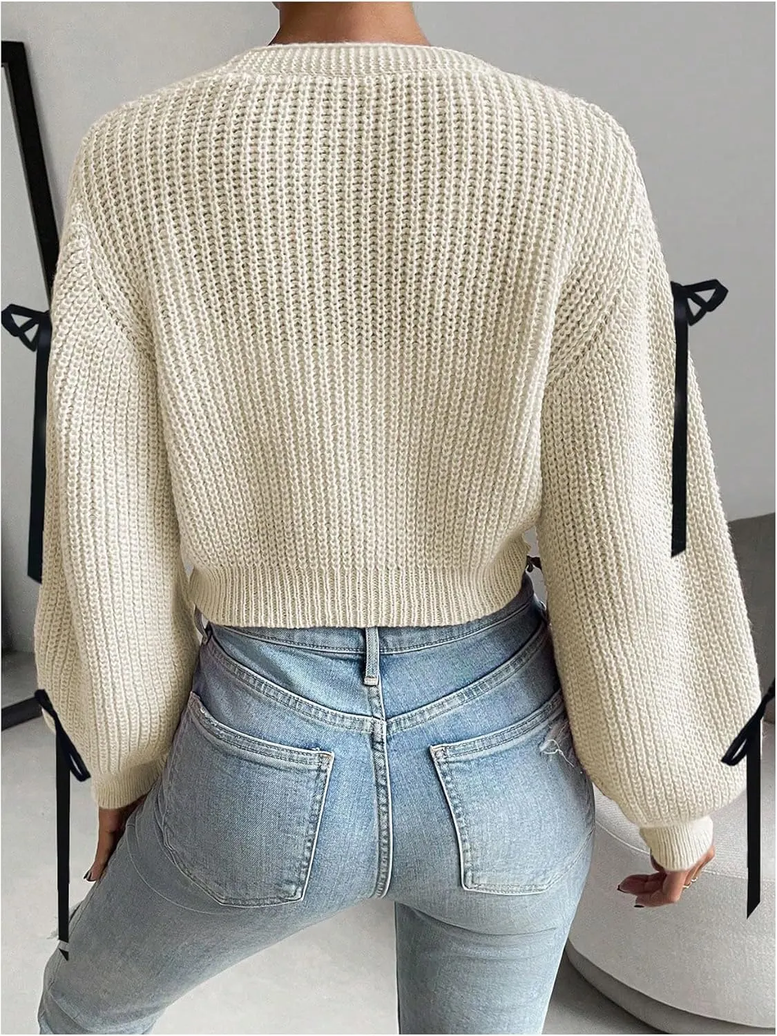 SHENHE Women's Button Down V Neck Cropped Cardigan Lace Up Bow Soft Knit Sweater Cute Outwear