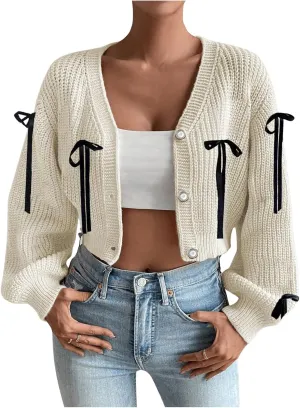 SHENHE Women's Button Down V Neck Cropped Cardigan Lace Up Bow Soft Knit Sweater Cute Outwear