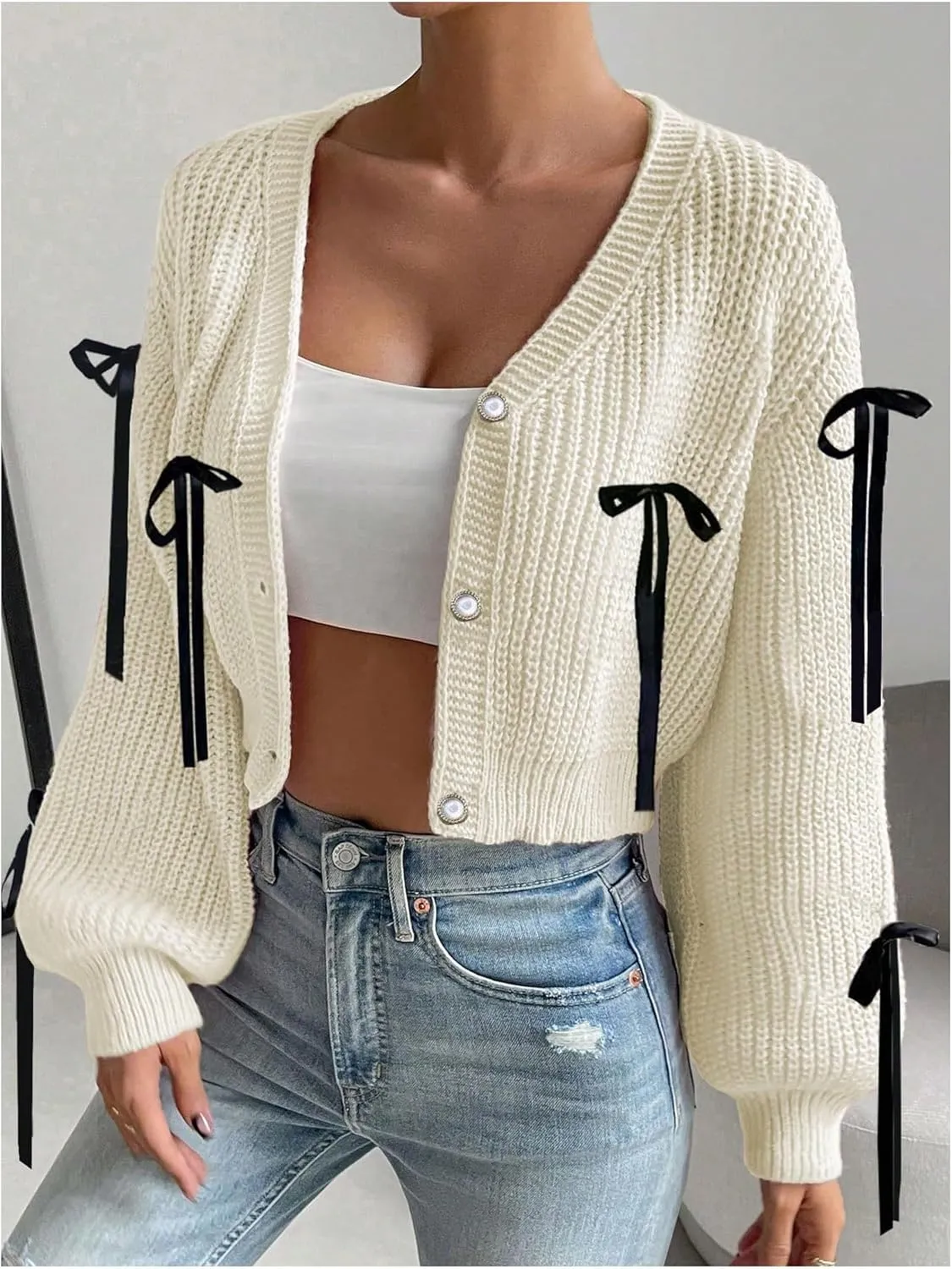 SHENHE Women's Button Down V Neck Cropped Cardigan Lace Up Bow Soft Knit Sweater Cute Outwear