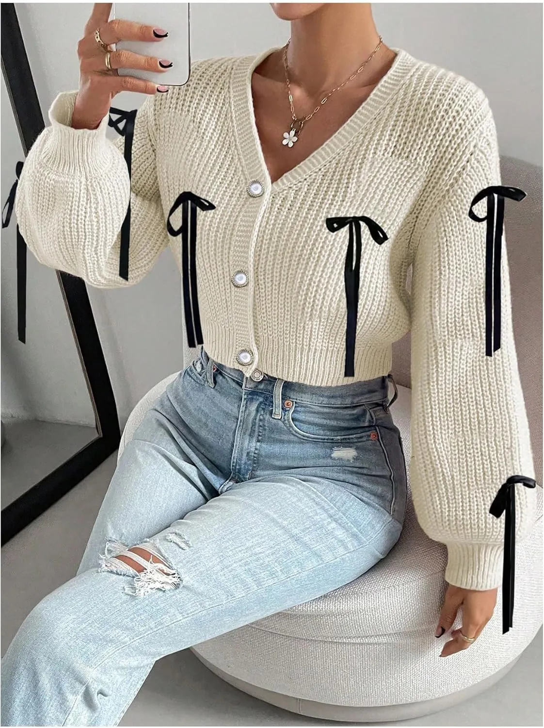 SHENHE Women's Button Down V Neck Cropped Cardigan Lace Up Bow Soft Knit Sweater Cute Outwear