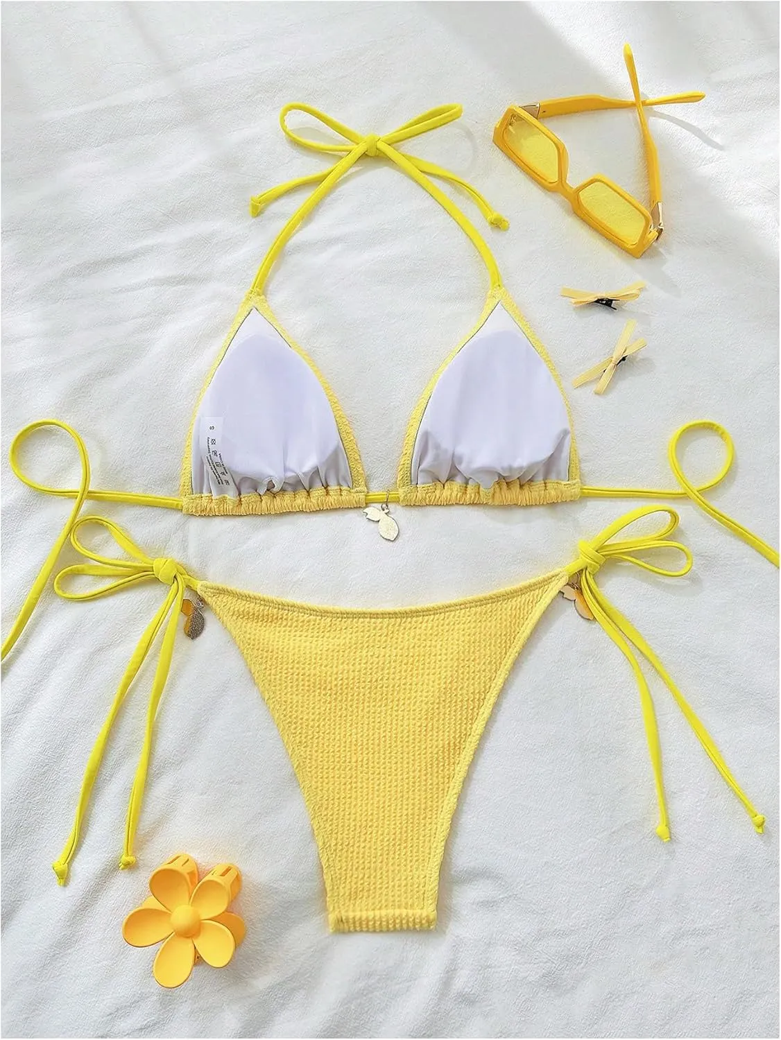 SHENHE Women's Triangle Bikini Set Textured Halter Tie Side String 2 Piece Swimsuits
