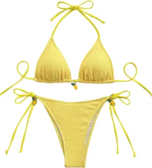 SHENHE Women's Triangle Bikini Set Textured Halter Tie Side String 2 Piece Swimsuits