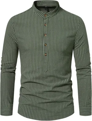 Shirts for Men Henley Collar Button Up Striped Dress Shirts Casual Long Sleeve Slim Fit Work Business Shirts Tops