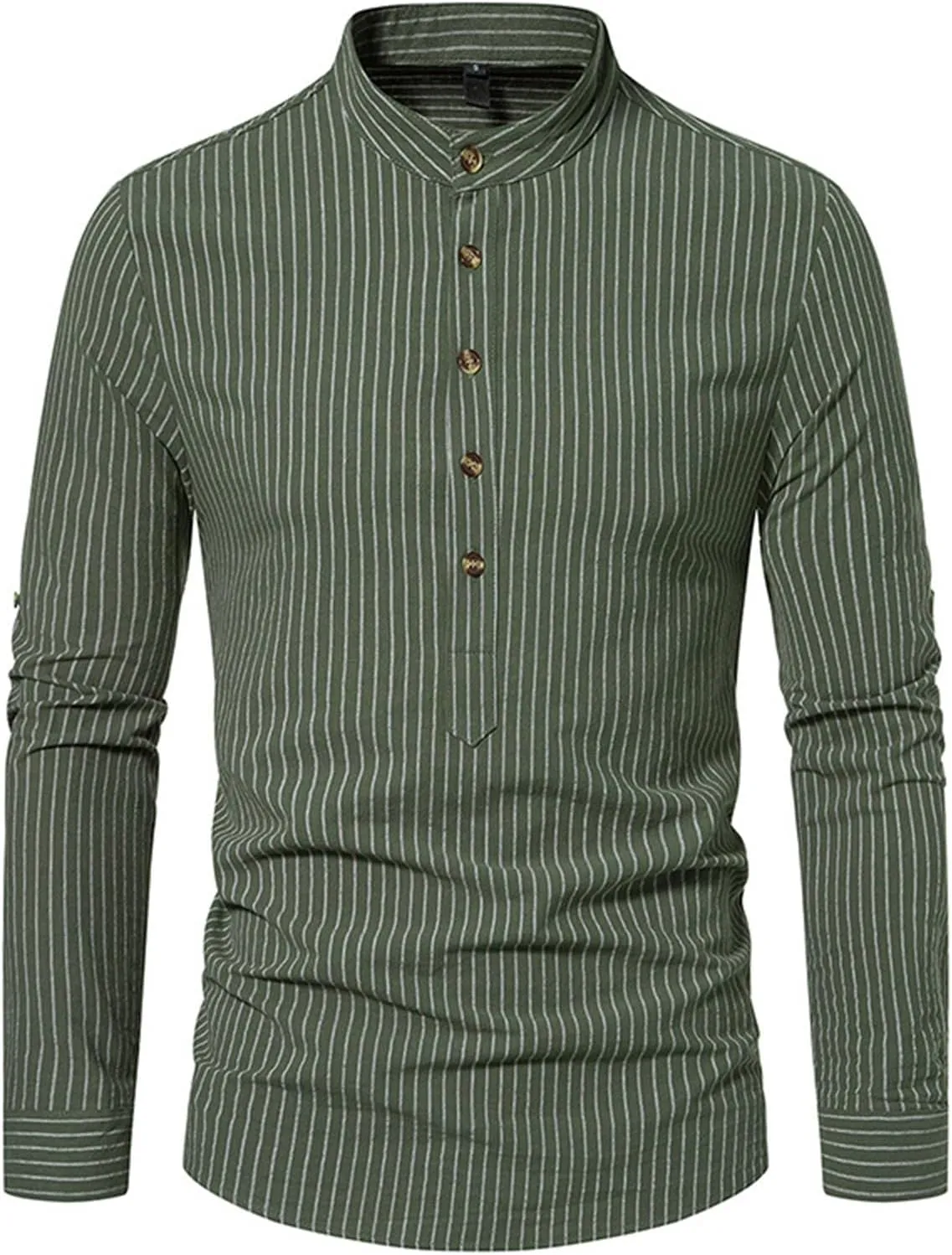 Shirts for Men Henley Collar Button Up Striped Dress Shirts Casual Long Sleeve Slim Fit Work Business Shirts Tops