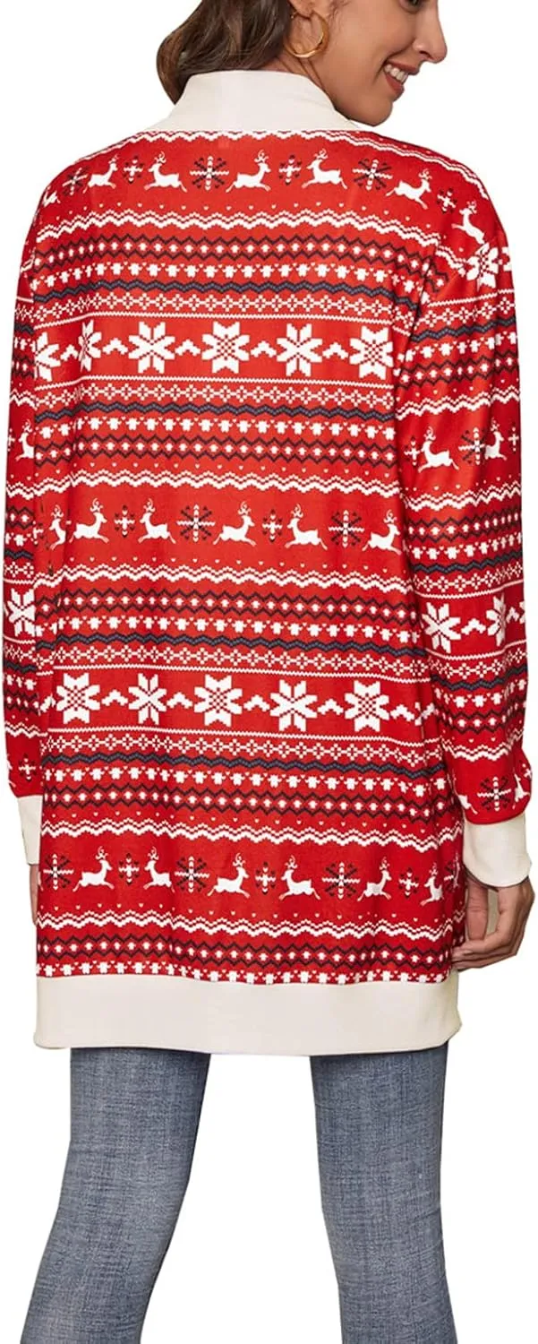 Shmily Girl Christmas Cardigan for Women Open Front Warm Reindeer Sweater Winter Coats