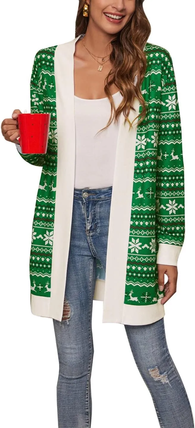 Shmily Girl Christmas Cardigan for Women Open Front Warm Reindeer Sweater Winter Coats