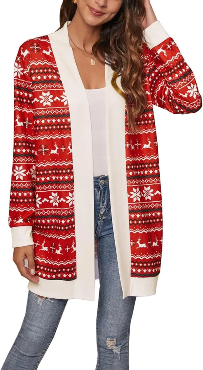 Shmily Girl Christmas Cardigan for Women Open Front Warm Reindeer Sweater Winter Coats