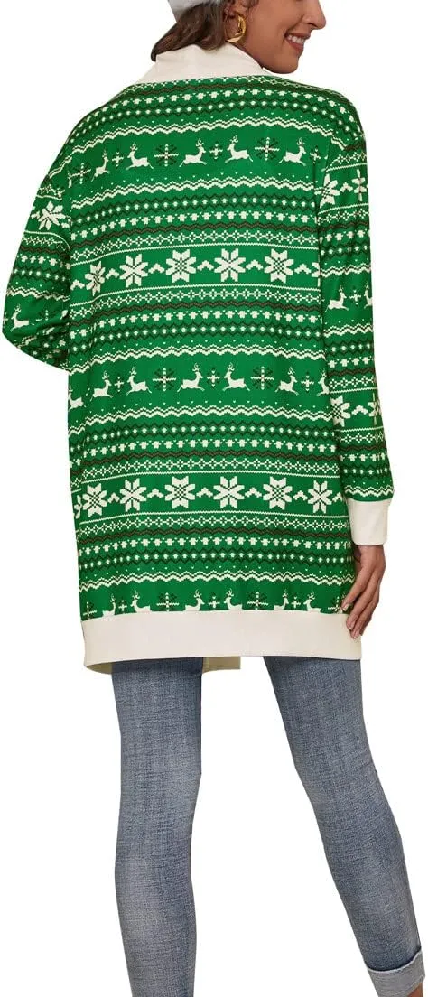 Shmily Girl Christmas Cardigan for Women Open Front Warm Reindeer Sweater Winter Coats