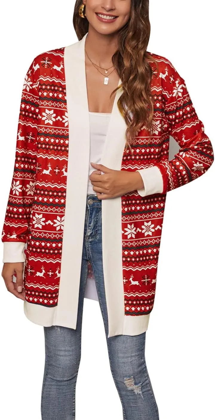 Shmily Girl Christmas Cardigan for Women Open Front Warm Reindeer Sweater Winter Coats
