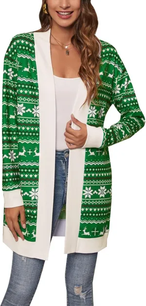 Shmily Girl Christmas Cardigan for Women Open Front Warm Reindeer Sweater Winter Coats
