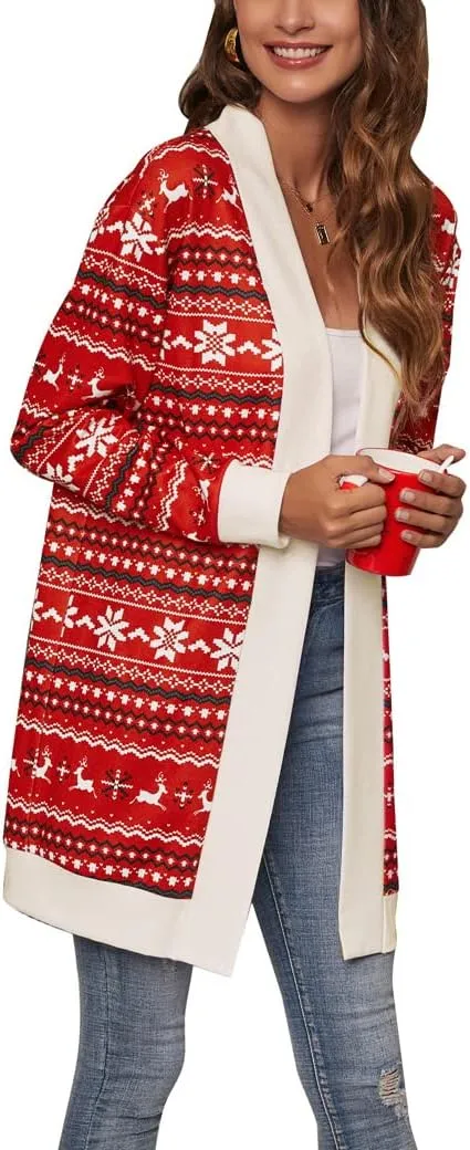 Shmily Girl Christmas Cardigan for Women Open Front Warm Reindeer Sweater Winter Coats