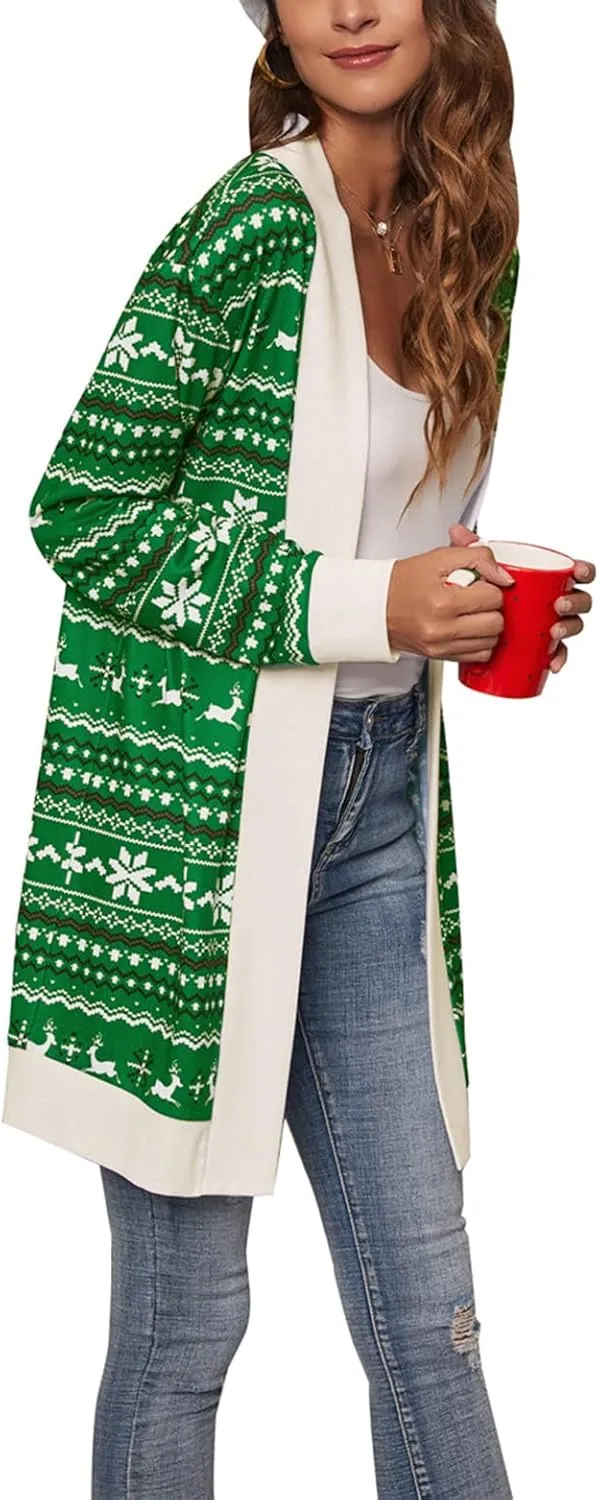 Shmily Girl Christmas Cardigan for Women Open Front Warm Reindeer Sweater Winter Coats