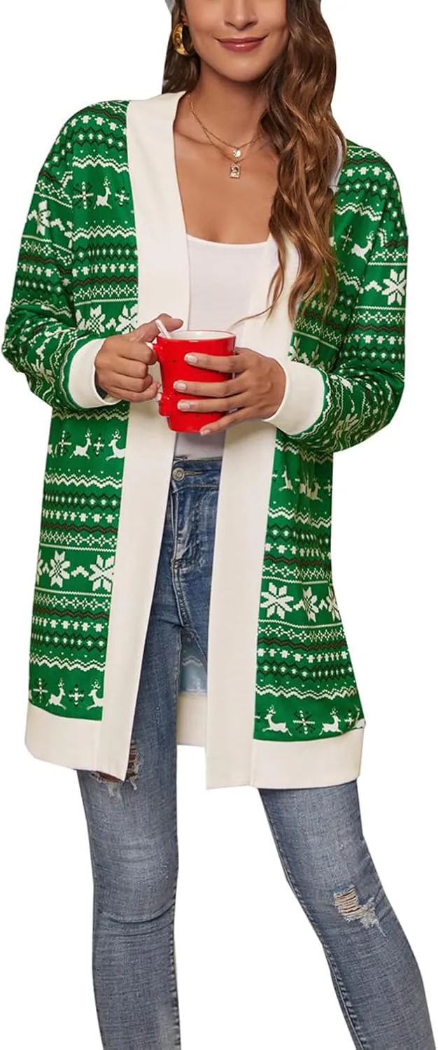 Shmily Girl Christmas Cardigan for Women Open Front Warm Reindeer Sweater Winter Coats