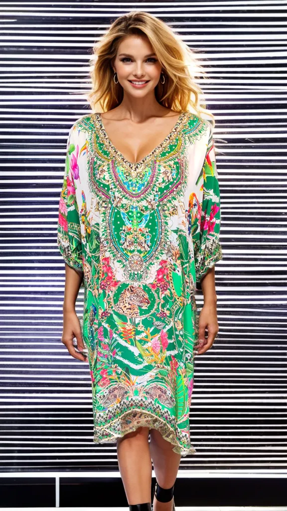 Short Embellished 3/4 sleeve Kaftan Dress - Bardini
