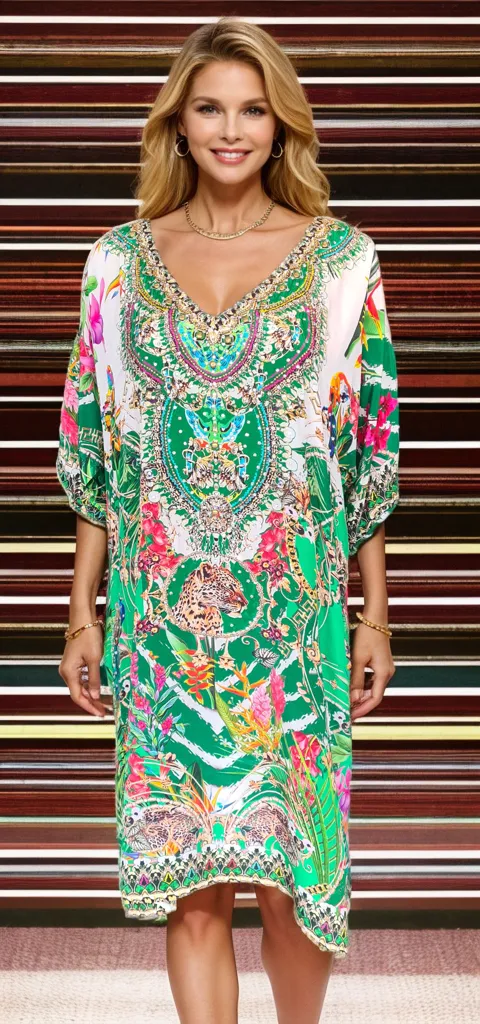 Short Embellished 3/4 sleeve Kaftan Dress - Bardini