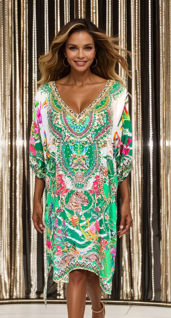 Short Embellished 3/4 sleeve Kaftan Dress - Bardini