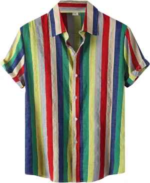 Short Sleeve Button Up Shirts for Men Hawaiian Stripe Printing Top with Pocket Polo Shirts for Men Men Casual Short