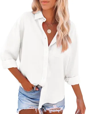 siliteelon Womens Button Down Shirts Cotton Dress Shirts Long Sleeve Blouses V Neck Solid Casual Tunics Tops with Pockets - White M