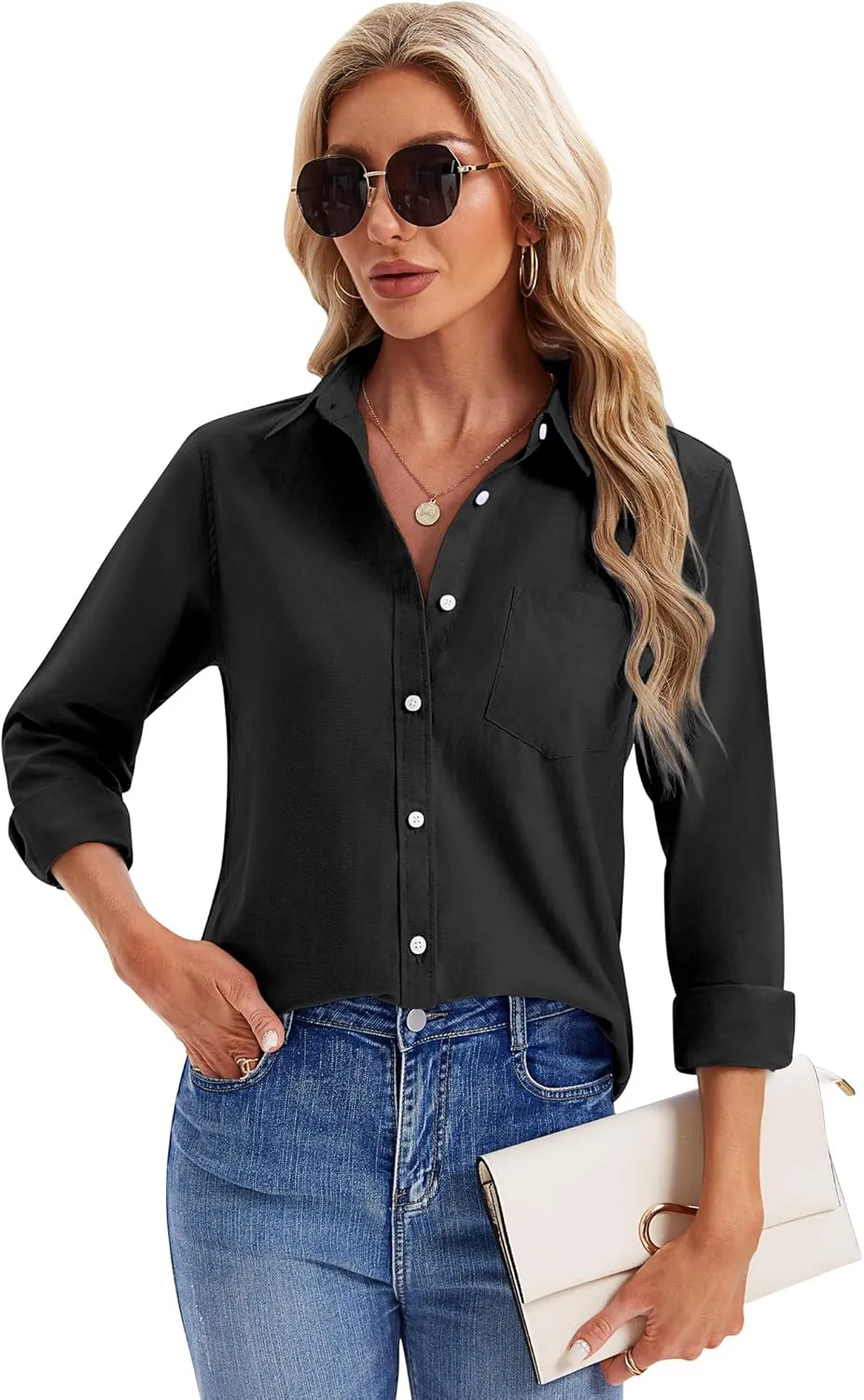 siliteelon Womens Button Down Shirts Long Sleeve Collared Office Work Blouses Tops with Pocket Oxford Shirts