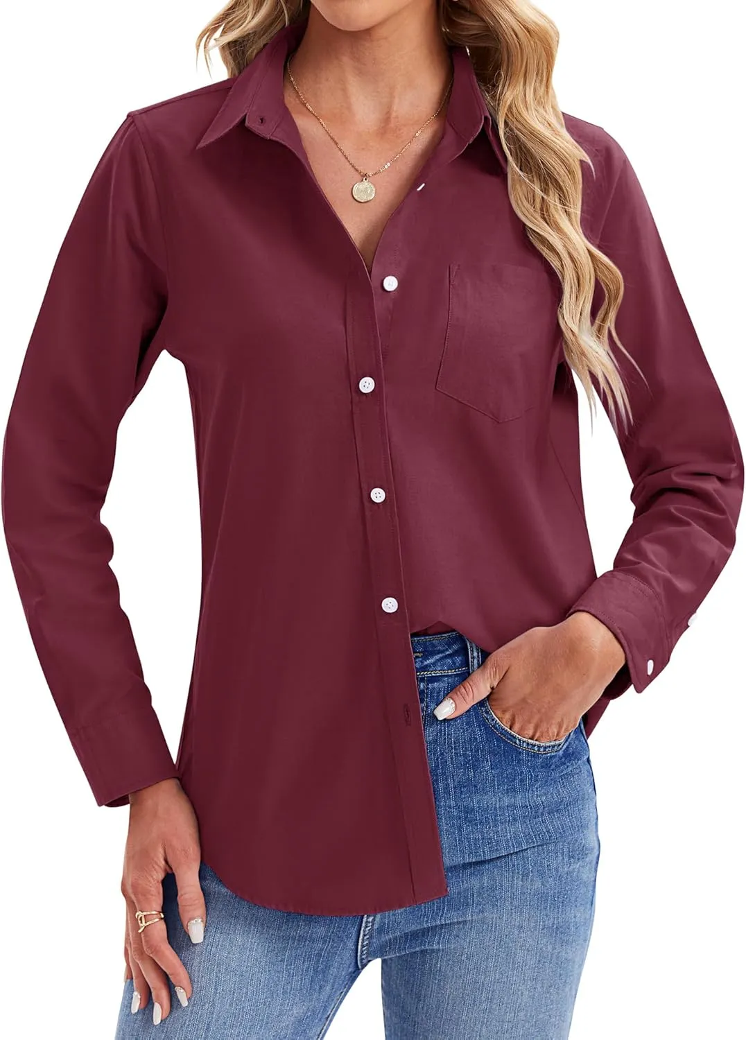 siliteelon Womens Button Down Shirts Long Sleeve Collared Office Work Blouses Tops with Pocket Oxford Shirts