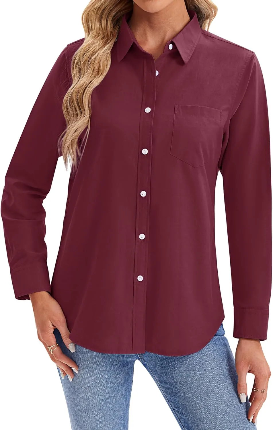 siliteelon Womens Button Down Shirts Long Sleeve Collared Office Work Blouses Tops with Pocket Oxford Shirts