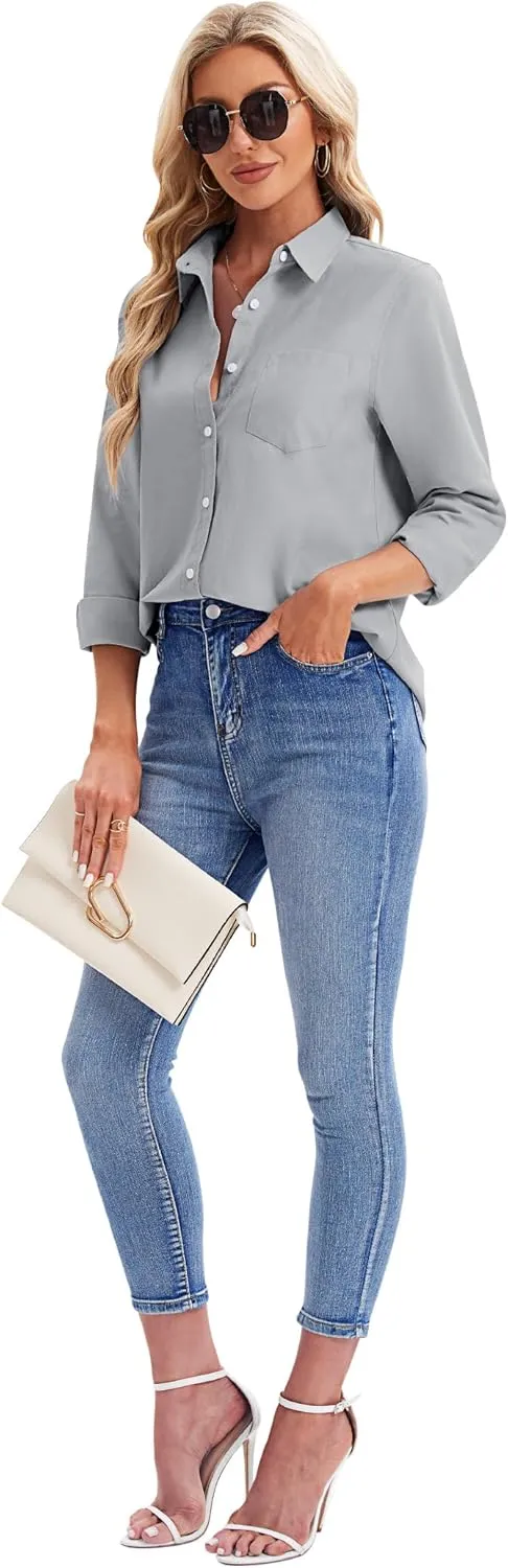 siliteelon Womens Button Down Shirts Long Sleeve Collared Office Work Blouses Tops with Pocket Oxford Shirts