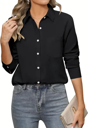 siliteelon Womens Button Down Shirts Long Sleeve Collared Office Work Blouses Tops with Pocket Oxford Shirts