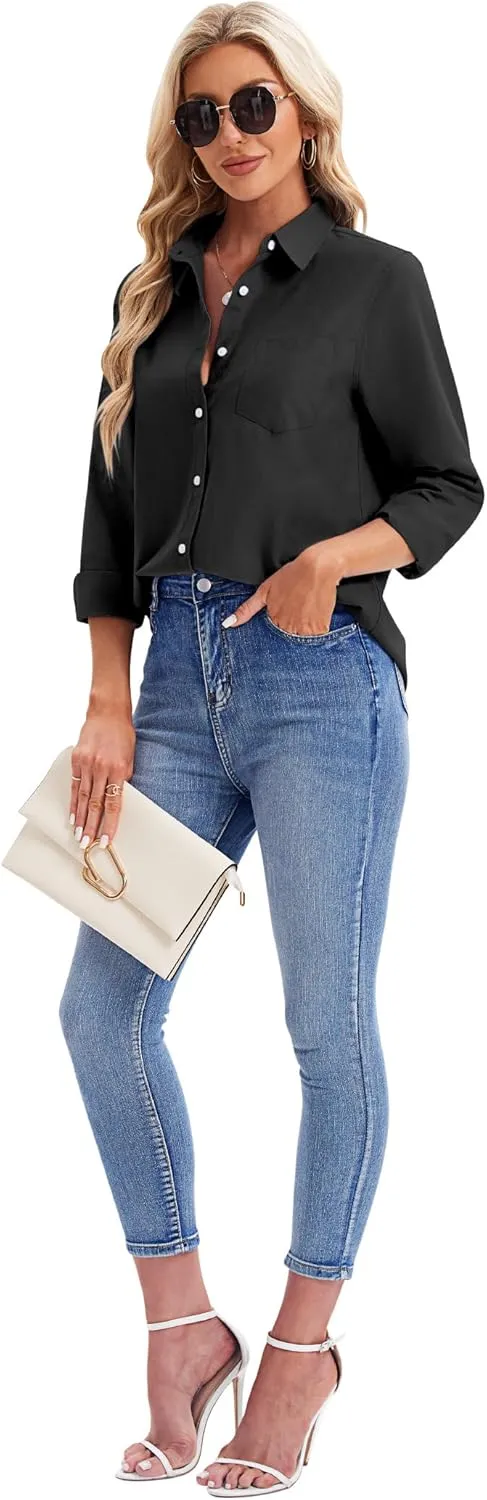 siliteelon Womens Button Down Shirts Long Sleeve Collared Office Work Blouses Tops with Pocket Oxford Shirts