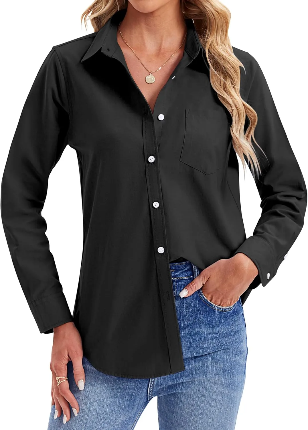 siliteelon Womens Button Down Shirts Long Sleeve Collared Office Work Blouses Tops with Pocket Oxford Shirts