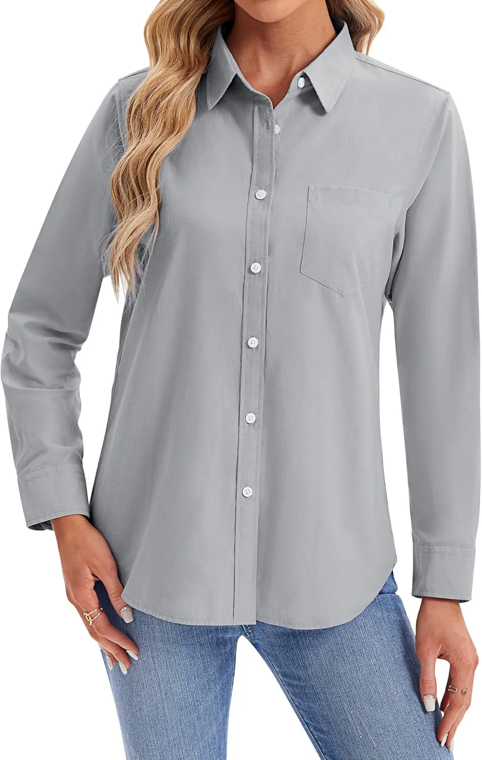 siliteelon Womens Button Down Shirts Long Sleeve Collared Office Work Blouses Tops with Pocket Oxford Shirts