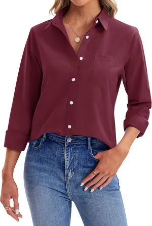 siliteelon Womens Button Down Shirts Long Sleeve Collared Office Work Blouses Tops with Pocket Oxford Shirts