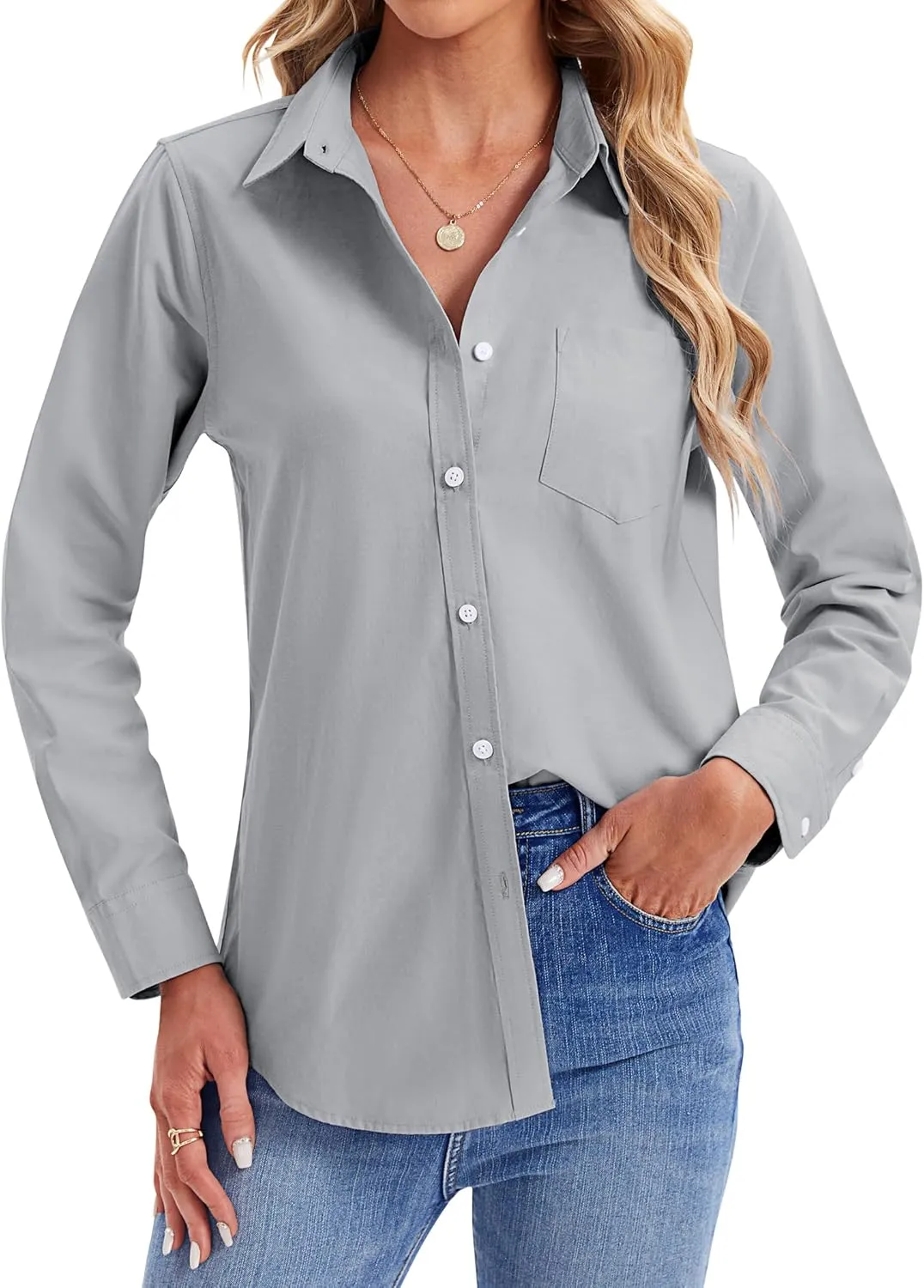 siliteelon Womens Button Down Shirts Long Sleeve Collared Office Work Blouses Tops with Pocket Oxford Shirts
