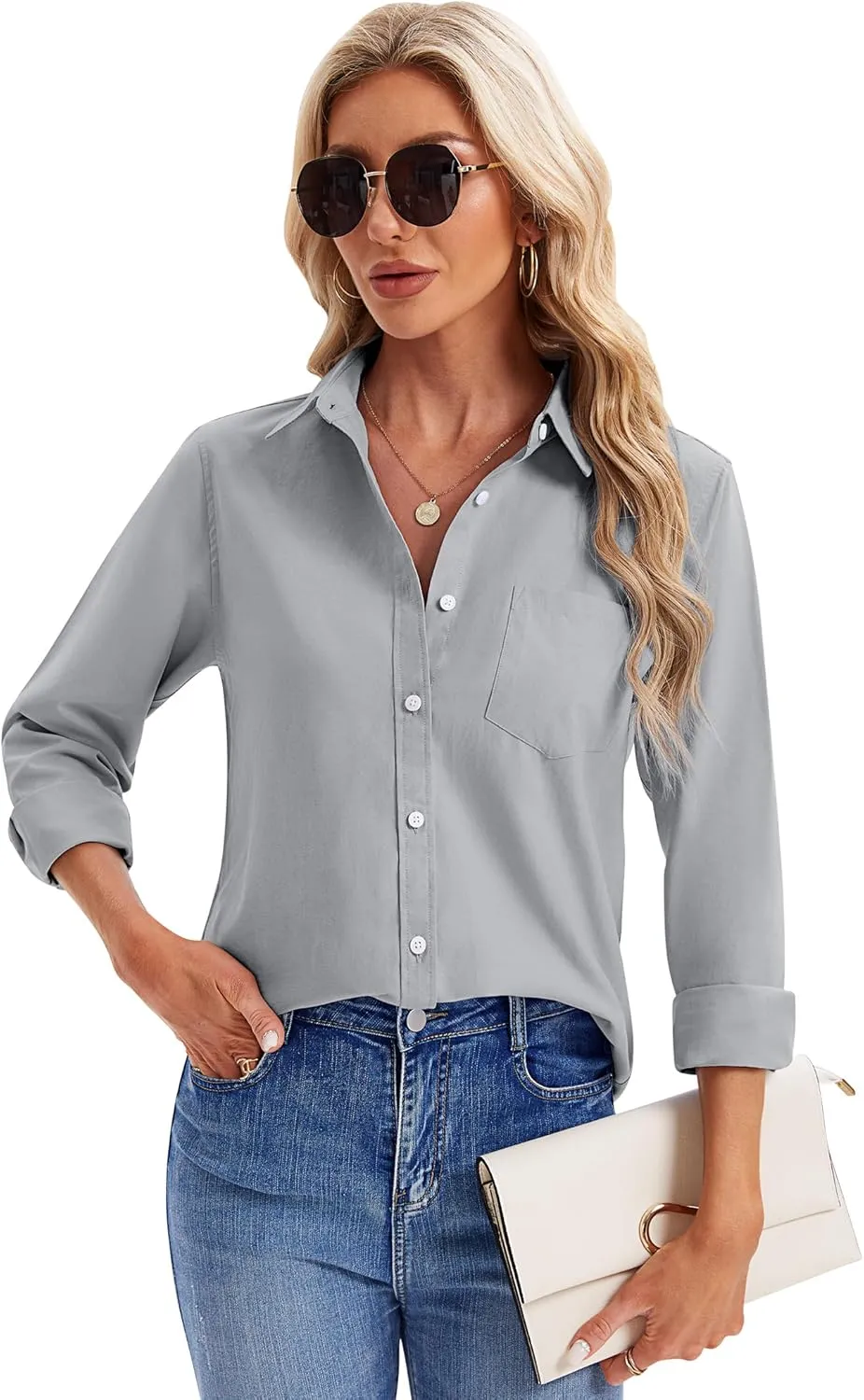 siliteelon Womens Button Down Shirts Long Sleeve Collared Office Work Blouses Tops with Pocket Oxford Shirts