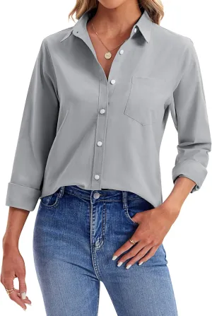 siliteelon Womens Button Down Shirts Long Sleeve Collared Office Work Blouses Tops with Pocket Oxford Shirts