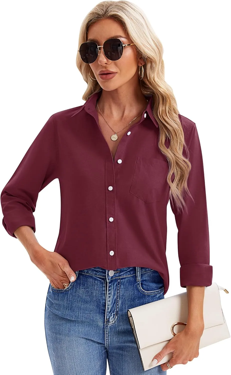 siliteelon Womens Button Down Shirts Long Sleeve Collared Office Work Blouses Tops with Pocket Oxford Shirts