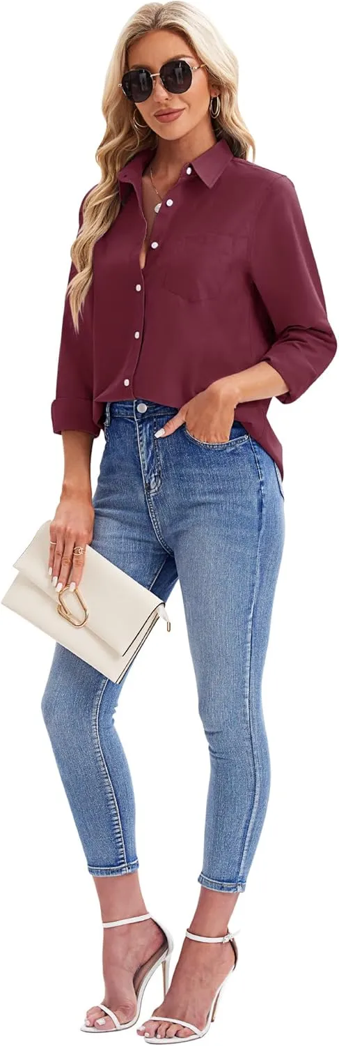 siliteelon Womens Button Down Shirts Long Sleeve Collared Office Work Blouses Tops with Pocket Oxford Shirts