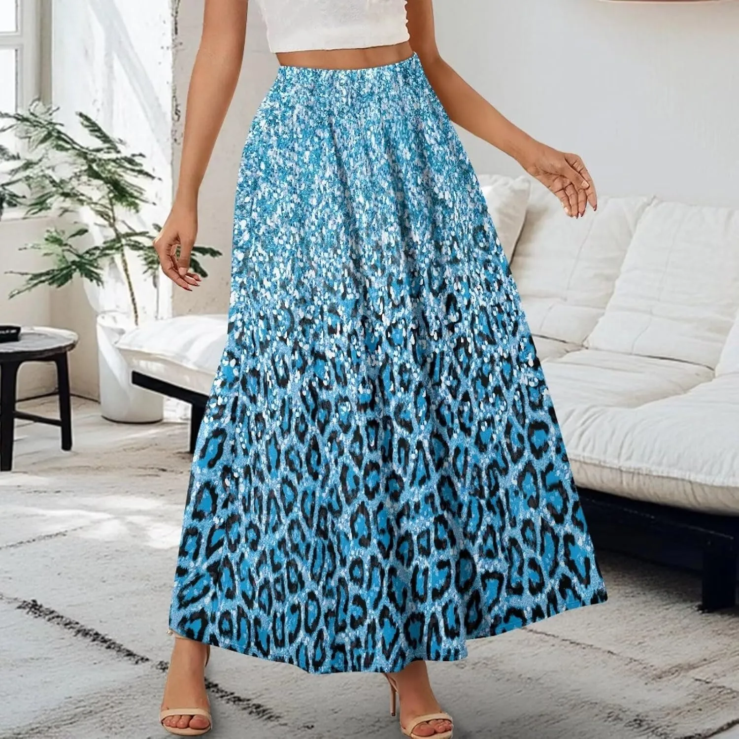 Skirt for Women Soft Elastic Waist Pleated Skirt A-Line Flared Maxi Skirts with Pockets Trendy Flowy Midi Skirt-2XL