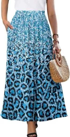 Skirt for Women Soft Elastic Waist Pleated Skirt A-Line Flared Maxi Skirts with Pockets Trendy Flowy Midi Skirt-2XL