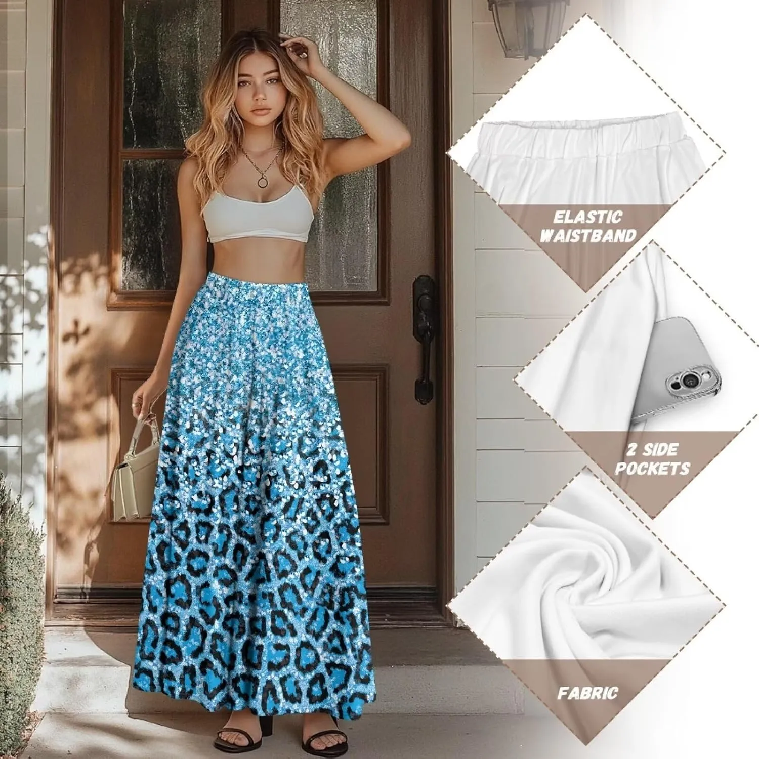 Skirt for Women Soft Elastic Waist Pleated Skirt A-Line Flared Maxi Skirts with Pockets Trendy Flowy Midi Skirt-2XL