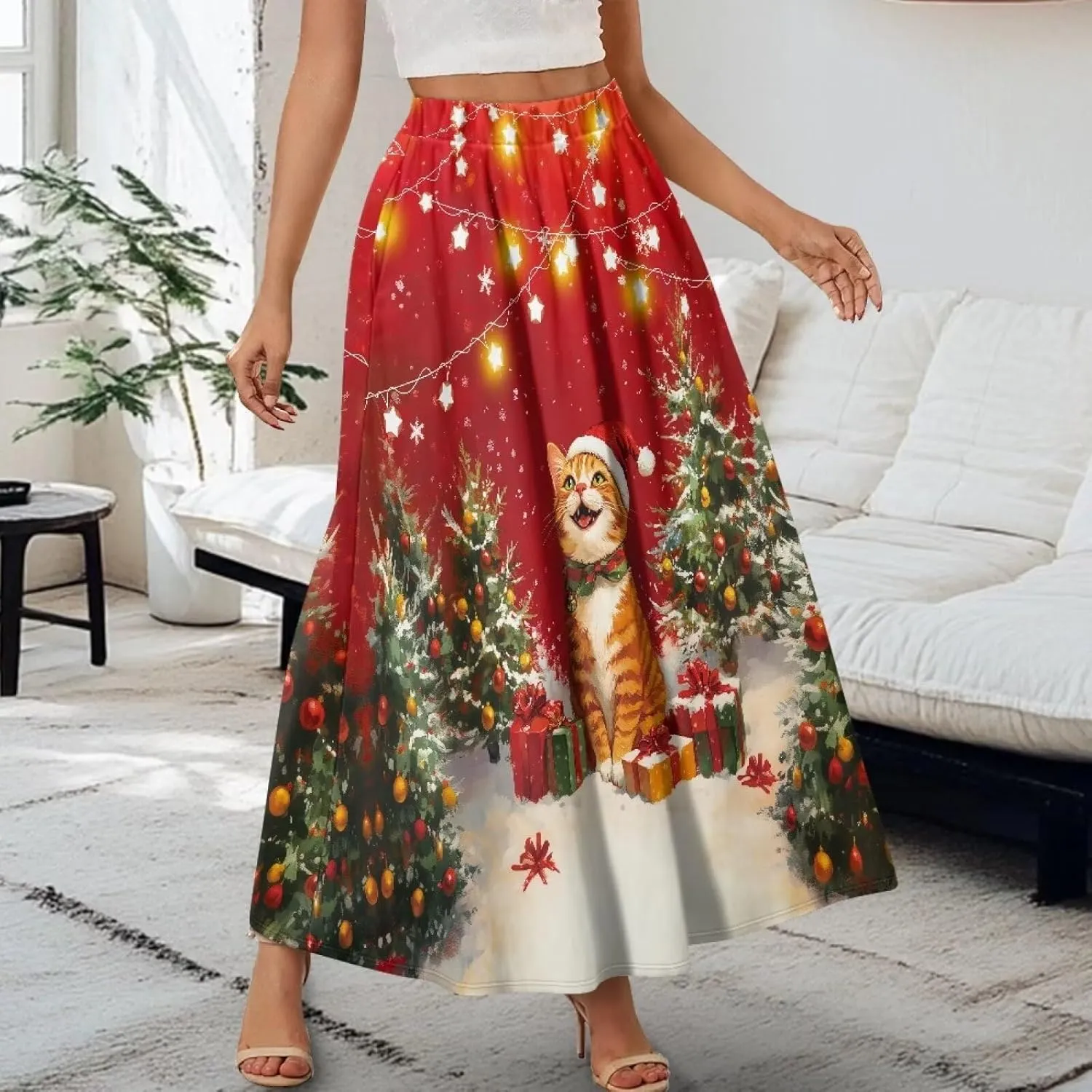 Skirt for Women Soft Elastic Waist Pleated Skirt A-Line Flared Maxi Skirts with Pockets Trendy Flowy Midi Skirt-2XL
