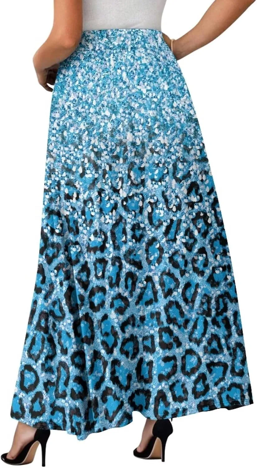 Skirt for Women Soft Elastic Waist Pleated Skirt A-Line Flared Maxi Skirts with Pockets Trendy Flowy Midi Skirt-2XL