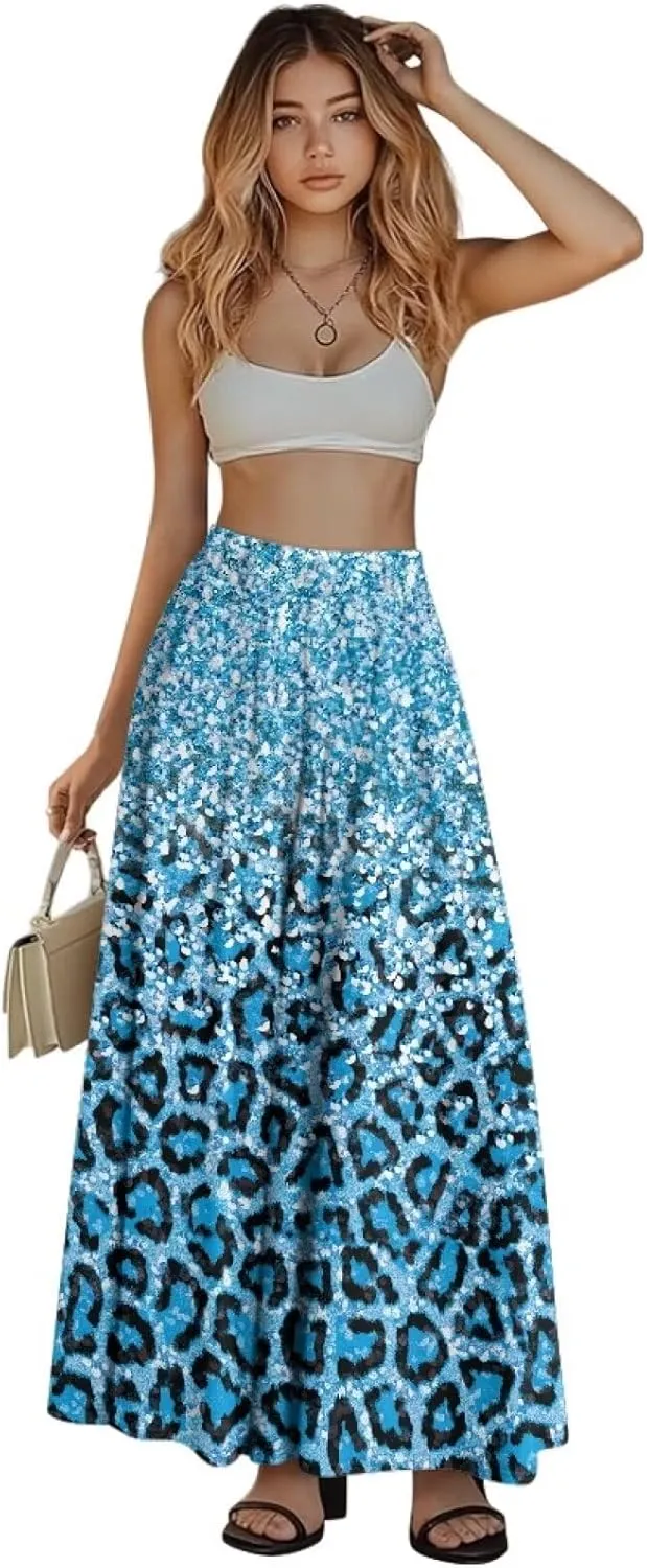 Skirt for Women Soft Elastic Waist Pleated Skirt A-Line Flared Maxi Skirts with Pockets Trendy Flowy Midi Skirt-2XL